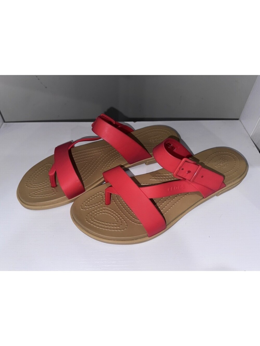 Crocs Red Tulum Toe Post Slip On Strappy Slides Sandals Women's Size 8